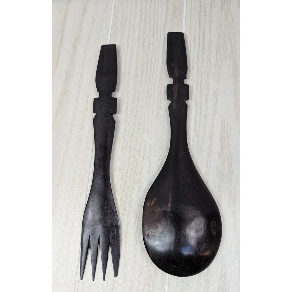 African hand carved Salad Spoon Fork Decor Black Brown Wood Elephant Tribal
